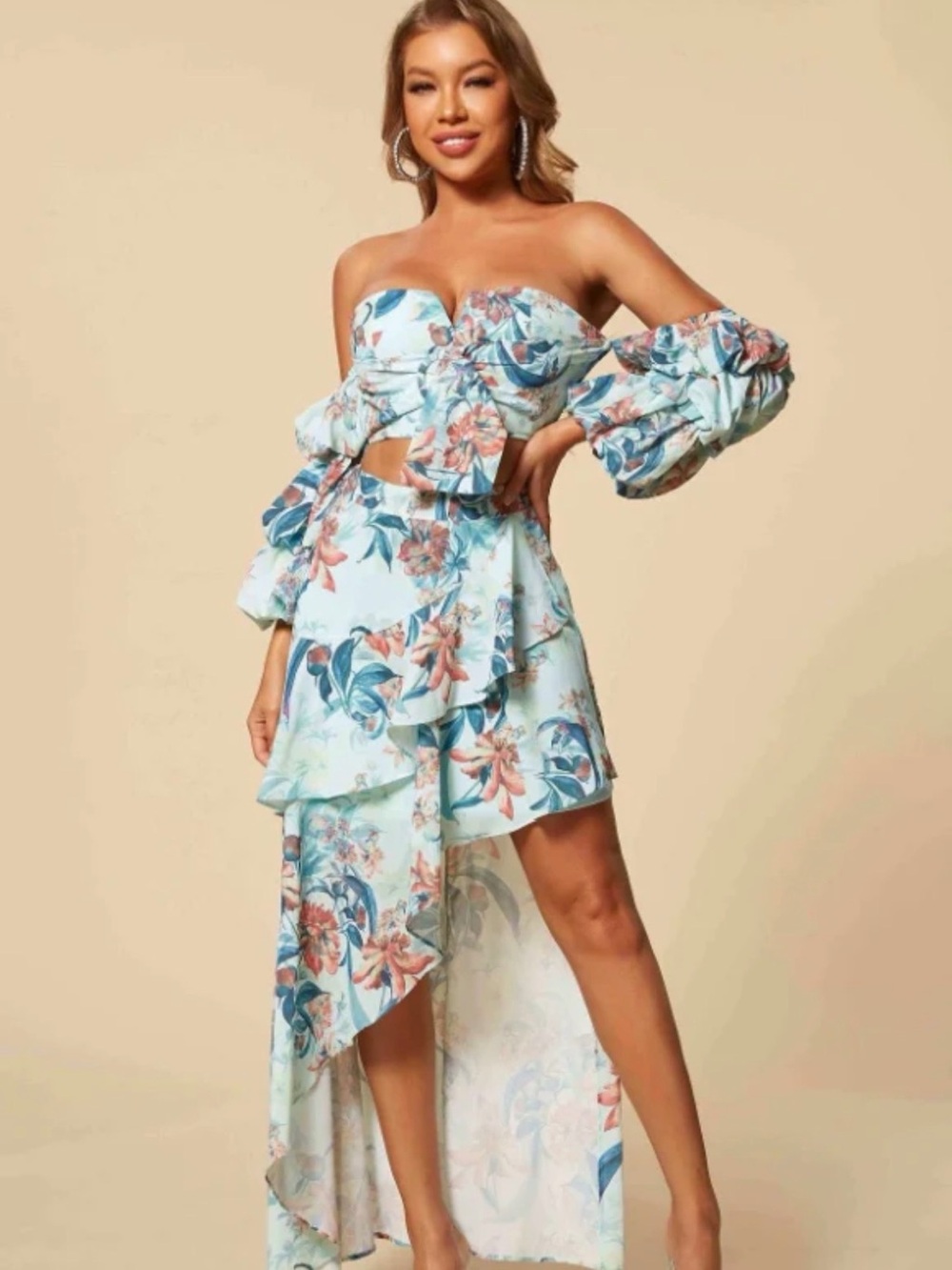 Floral Asymmetrical Off-Shoulder Dress in Light Blue